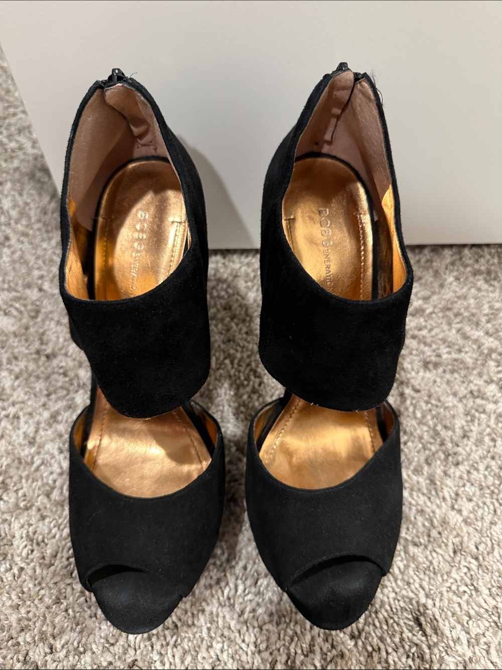 BCBGeneration Black Suede Open-Toe Ankle Strap Heels